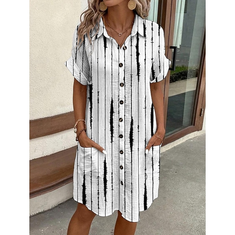 Women's Mini Dress Shirt Dress Casual Dress Print Dress Fashion Modern Daily Beach Weekend Regular Fit Striped Short Sleeve Shirt Collar White Summer Spring Fall Autumn