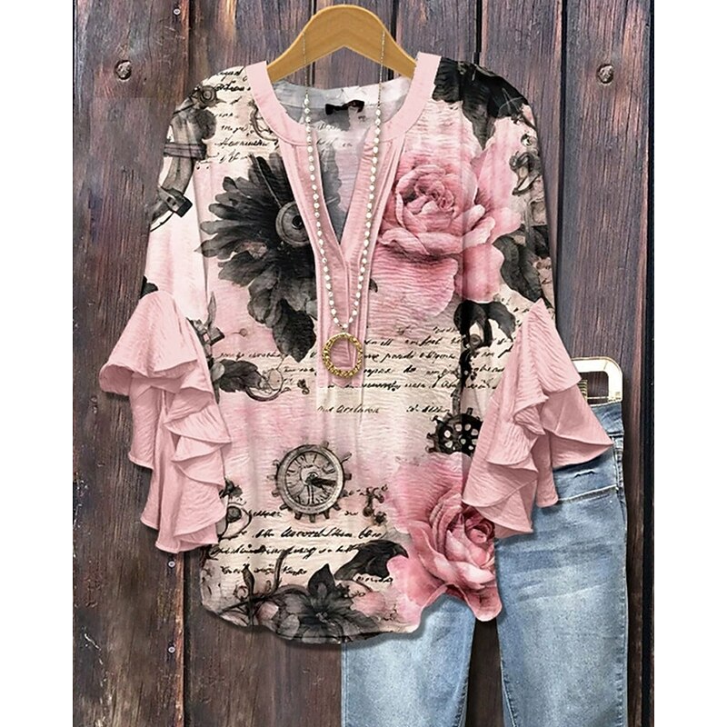 Women's T Shirt Floral Fashion Modern 3/4 Length Sleeve V Neck Regular Tops Daily Ruffle Print Pink Summer