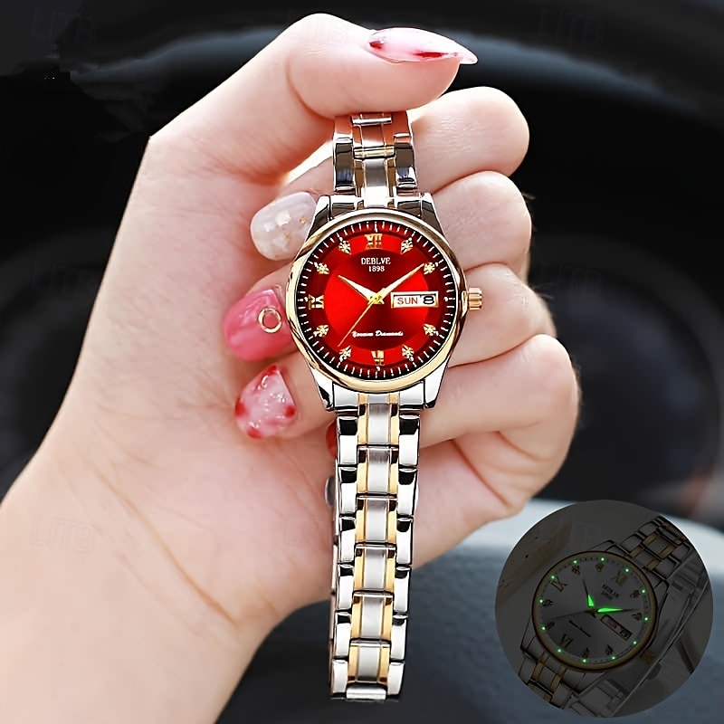 A New Round Roman Dial Ladies' Business Watch With Luminous Date And Day Display Ipx7 Water Resistance Alloy Strap Multi-Functional Fashionable And Trendy Wristwatch Suitable For Travel Leisure A