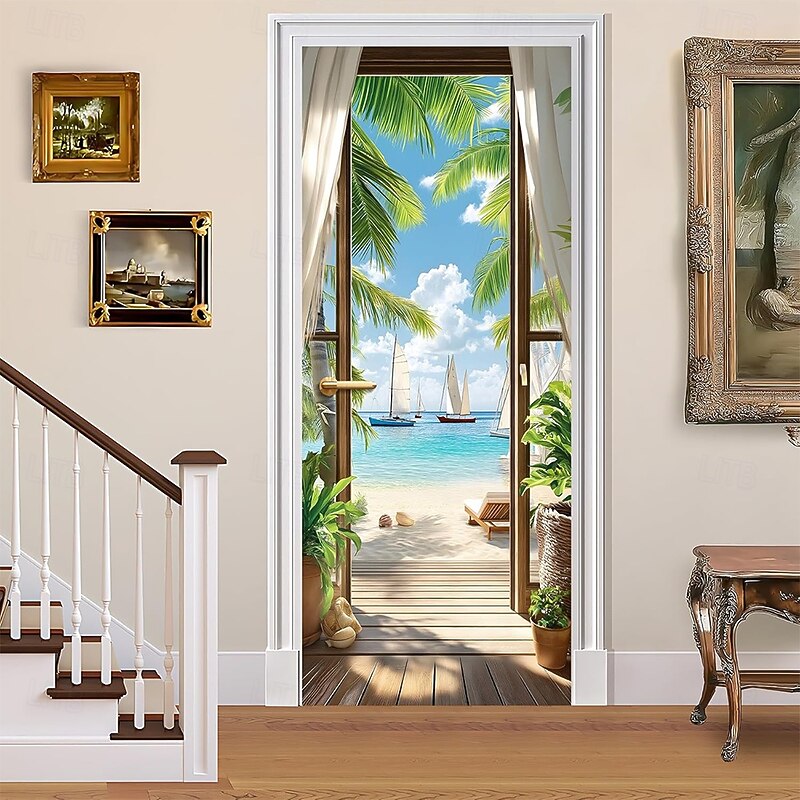 Door Cover Outdoor Banners Optical Illusion Beach Vacation Mediterranean Bedroom Living Room Front Door Home Decor3