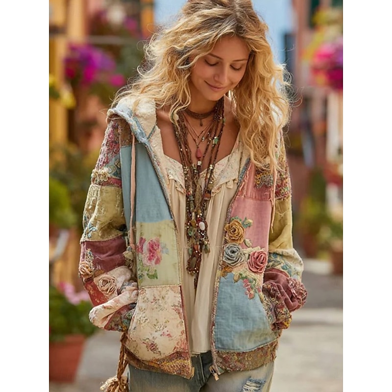 Women's 3D Print Vintage Boho Hoodie Patchwork Hoodie Sweatshirt Floral Zip Up s  Fashion Casual Long Sleeve Hooded  Street Dailywear Casual Patchwork Zipper Pocket Pink Red Blue Spring Fall