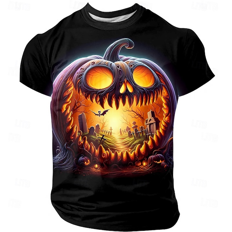 Halloween Men's Pumpkin T Shirt Short Sleeve T shirt 3D Print Crew Neck Shirt Exaggerated Designer Horror Party Street Holiday Yellow Orange Green Summer Spring All Seasons Clothing Apparel S M L XL