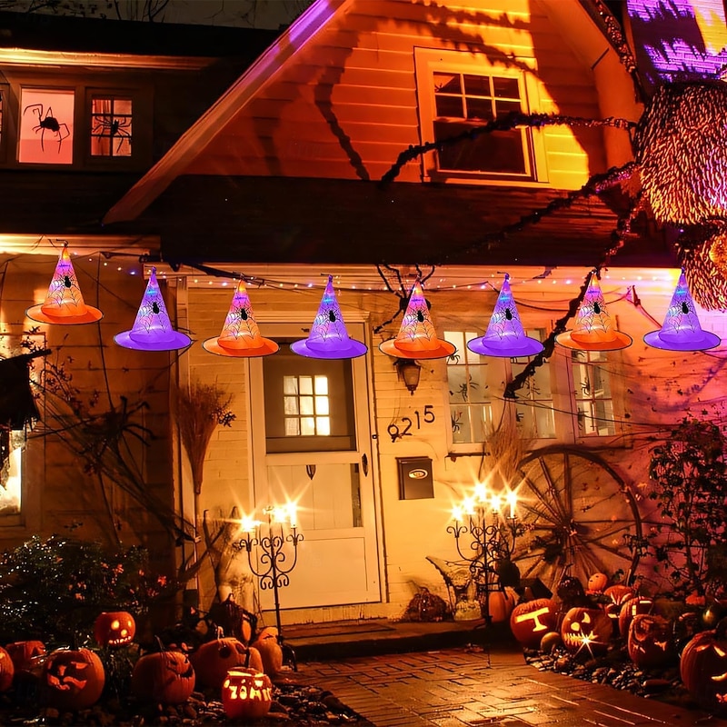 8PCS Halloween Decoration Luminous Hanging Witch Hat Indoor and Outdoor Remote Control Hanging Lights Battery Powered 8 Lighting Modes Suitable for Garden Yard Balcony Porch Decorations2