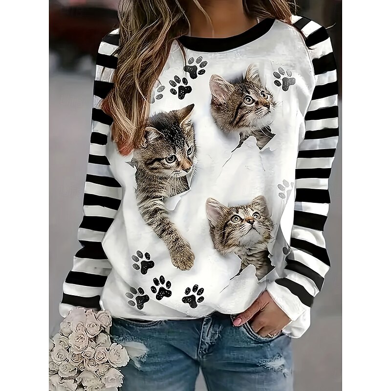 Women's T shirt Long Sleeve Graphic Geometric Cat Vintage Stylish Classic Long Sleeve Crew Neck Round Neck Regular Tops Daily Print Black  Spring Fall Prefall
