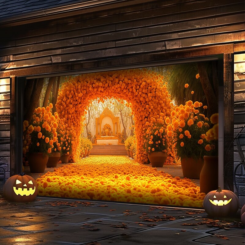 Day of the Dead Tapestry Garage Door Cover Large Hanging Backdrop Marigold Dark Punk Gothic Style Party Outdoor Shooting Backgrounds Front Door Home Decor2