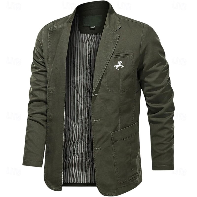 Men's Horse Print Cotton Suit Jacket Suits Coat Blazer Casual Outdoor Dailywear Long Sleeve Notch Lapel Collar Outwear Pockets Button Down Stripe Lined Suit Jacket Fall Winter Black khaki Army Green3