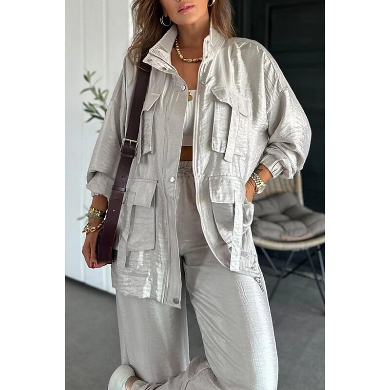 Women's Suits Comfortable Drawstring Pocket Full Zip Sports Fashion Daily Retro Plain School Vacation Home Office Cardigan Regular Stand Collar Loose Fit Long Sleeve Outerwear Silver Lake blue Black2