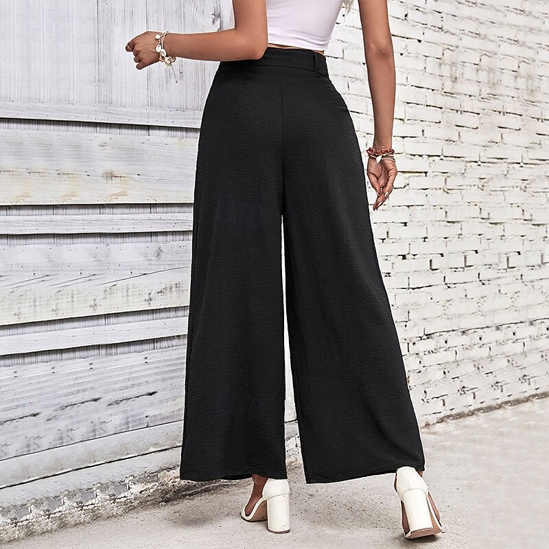 Women's Wide Leg Vacation Vintage Ethnic Style Full Length Mid Waist Plain Micro-elastic Vacation Home Office Coffee brown Black Navy Blue Army Green Spring Fall Regular Fit3