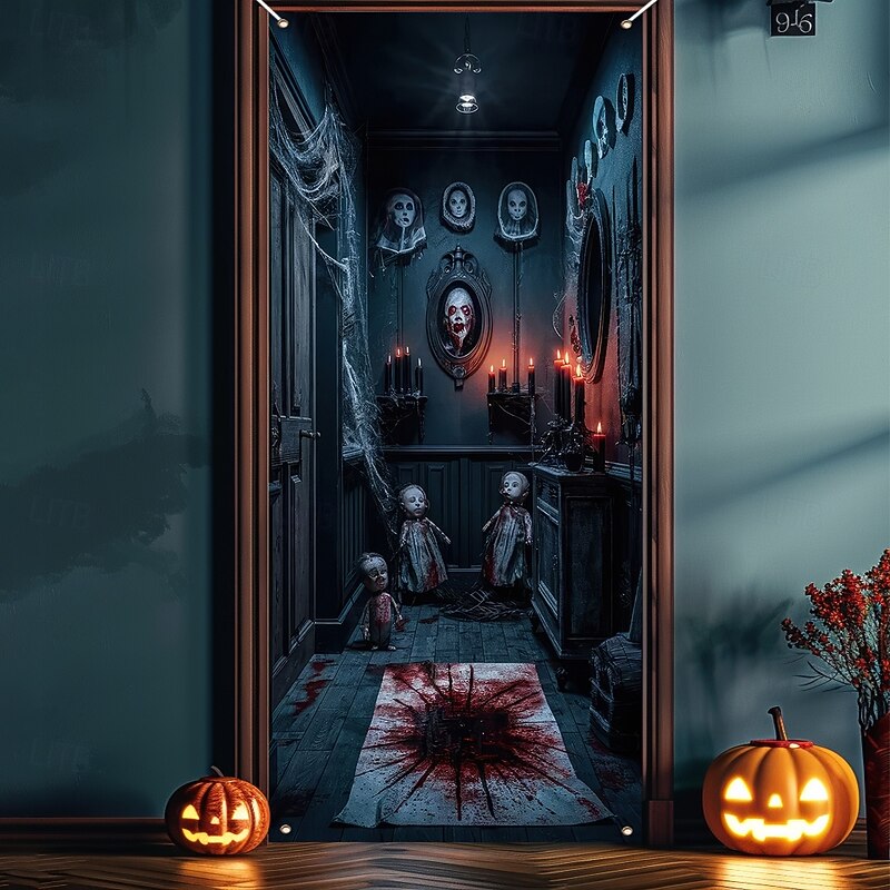 Halloween Door Cover Outdoor Banners Zombies 3D Psychedelic Dark Punk Gothic Style Party Outdoor Shooting Backgrounds Front Door Wall Porch Home Decor4