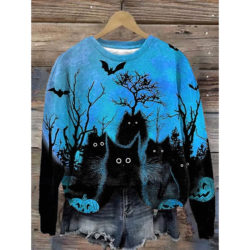 Halloween Women's Pullover Sweatshirt Black Cat Graphic Fashion Casual Long Sleeve Crew Neck Regular Tops Street Dailywear Casual Print Blue Purple Orange Green Fall Winter2
