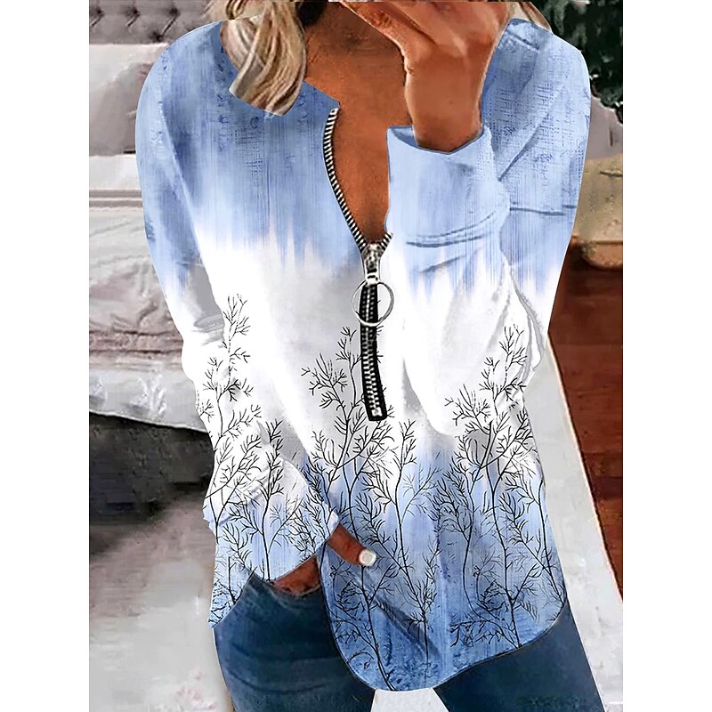 Women's Pullover Sweatshirt Zip Up Sweatshirts Floral Graphic Fashion Casual Long Sleeve Crew Neck Regular Tops Street Dailywear Zipper Print Blue Spring Fall Winter