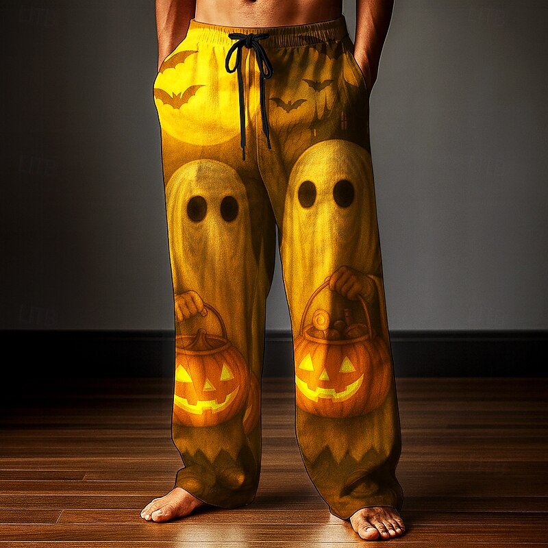 Halloween Men's Pumpkin Ghost Halloween Costumes Trousers Baggy Pants Casual Pants Mid Waist Dark Gothic Style Holiday Elastic Drawstring Waist Linen-Like Pants with Pockets Spring Fall 3D Print