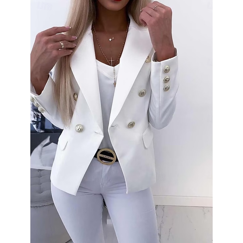 Women's Blazer Comfortable Breathable Pocket Elegant Formal Plain Office Street Casual Daily Wear Double Breasted Regular Turndown Regular Fit Long Sleeve Outerwear White Khaki Summer Spring2