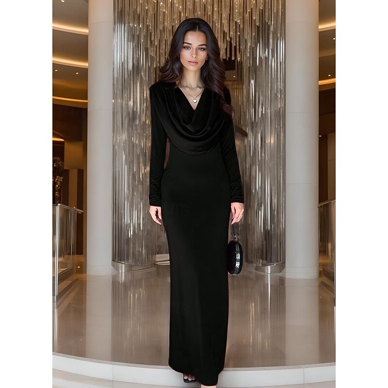 Mermaid / Trumpet Jersey Evening Gown Elegant Dress Formal Wedding Floor Length Long Sleeve Cowl Neck Satin 20254