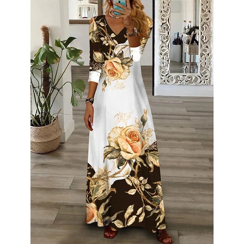 Women's Maxi Dress T Shirt Dress Tee Dress A Line Dress Vacation Casual Boho Daily Holiday Date Regular Fit Floral Graphic Long Sleeve V Neck Yellow Red Blue Spring Fall Winter3