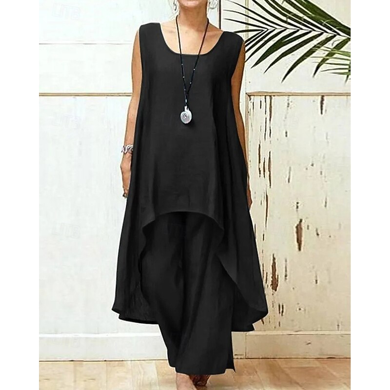 Women's Fashion Blouse Pants Sets Sleeveless Crew Neck Solid Color Vacation Casual Daily Black Sky Blue Purple Summer Regular Fit4