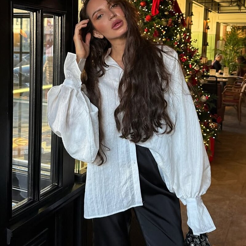 Women's100% Cotton Shirt Plain Elegant Vintage Daily Long Sleeve Regular Tops Work Daily Holiday Ruffle White Spring Fall2