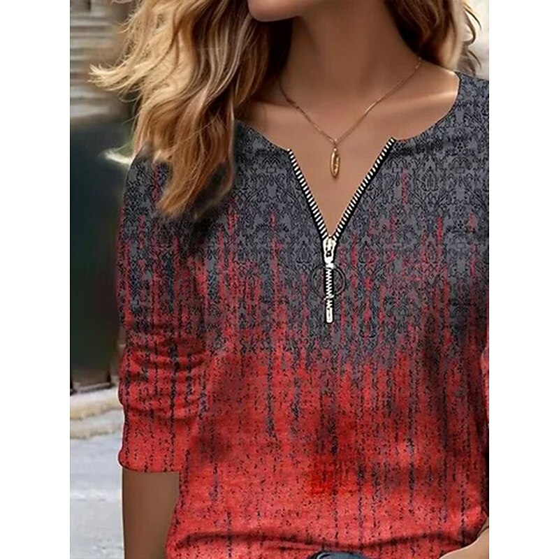 Women's T Shirt Ombre Graphic Abstract Elegant Vintage Stylish Long Sleeve V Neck Round Neck Notched Neck Regular Tops Daily Weekend Zipper Print Wine Spring Fall Winter2