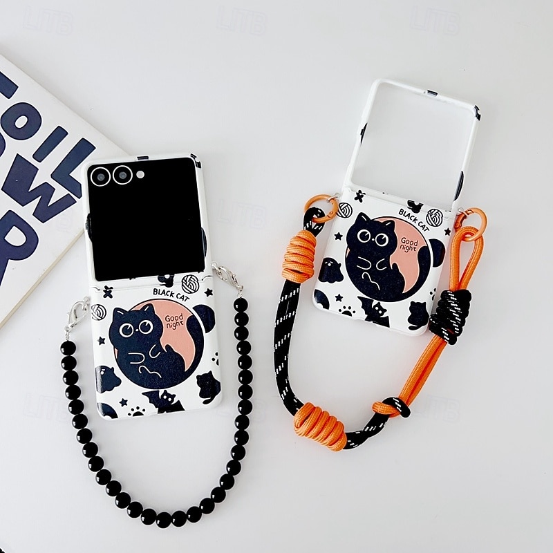 Phone Case For Samsung Galaxy Z Flip 7 Z Flip 6 Z Flip 5 Z Flip 4 Back Cover with Lanyard Shockproof Cat TPU PC4