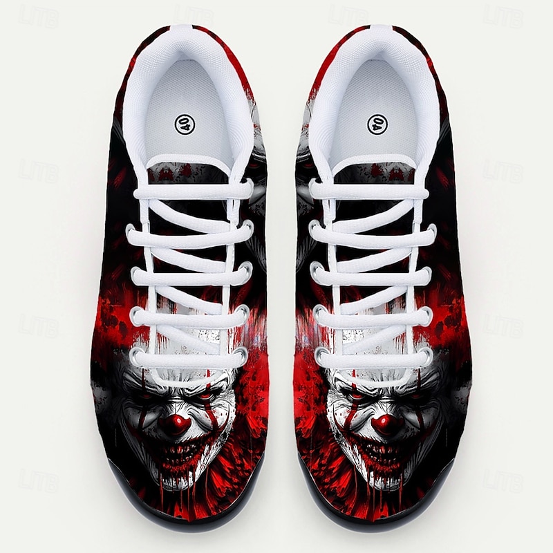 Men's Scary Clown Print Halloween Sneakers – Creepy Lace-Up Athletic Shoes for Costume Party and Horror Theme Events