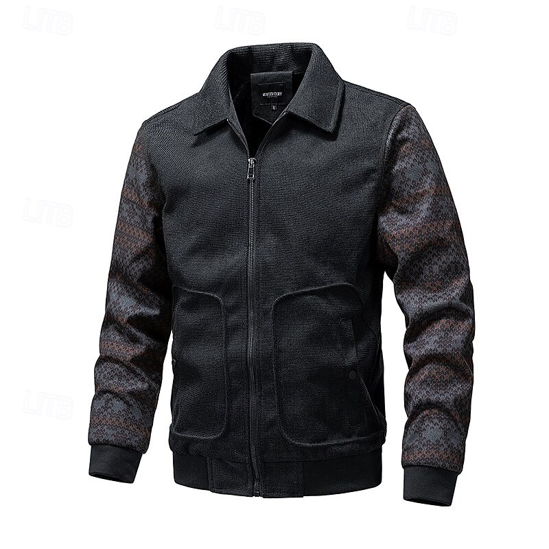 Men's Waffle Jacket Formal Home Pocket Ethnic Spring &  Fall Solid Color Patchwork Active Neutral Shirt Collar Regular Black Brown Khaki Gray Jacket3