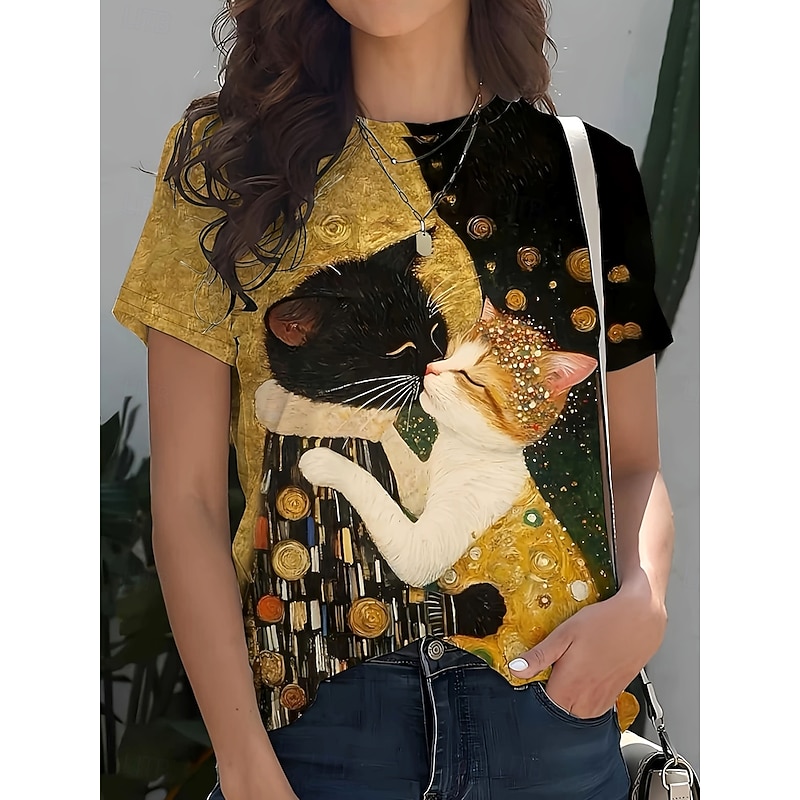 Women's T Shirt Graphic Animal Cat Vintage Stylish Classic Short Sleeve Crew Neck Round Neck Regular Tops Daily Weekend Print Gold Summer Spring Fall4