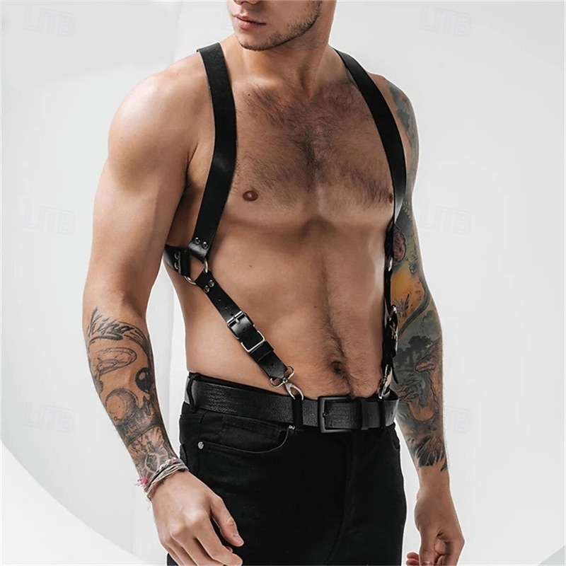 Pu Leather Body Chest Harness Suspenders Adjustable Buckle Shoulder Armors Straps Style Punk Black Belt Club Party Rave Costumes Fashion Shoulder Strap Restraint Belt for Men Women White Shirt Shoulde