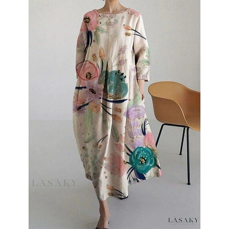 Women's Maxi Dress A Line Dress Fit And Flare Dress Party Casual Boho Party Wedding Guest Daily Floral Graphic Polka Dot Long Sleeve Crew Neck White Pink Green Spring Fall Winter Autumn2