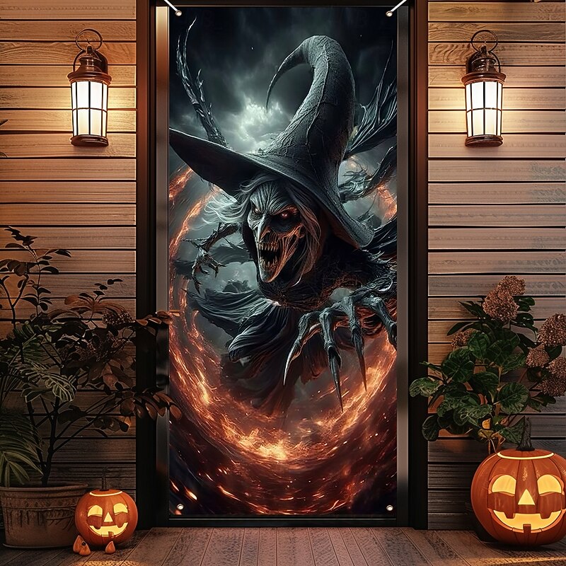 Halloween Door Cover Outdoor Banners Witch 3D Psychedelic Dark Punk Gothic Style Party Outdoor Shooting Backgrounds Front Door Wall Porch Home Decor