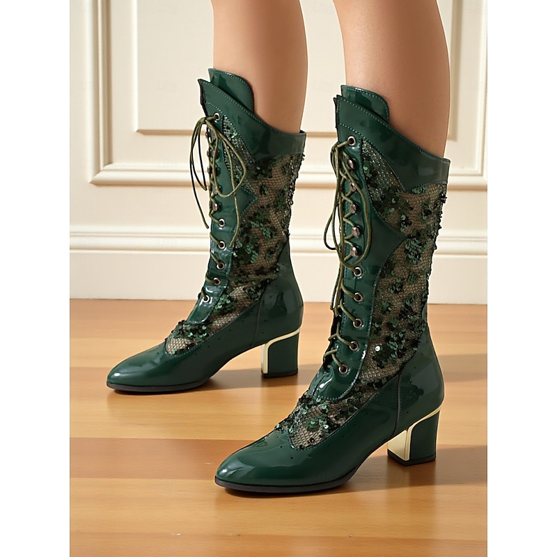 Women's Green Faux Patent Leather Sequin Lace-Up Mid-Calf Boots - Chunky Heel 1930s-Inspired Vintage Boots for Stage Performance,Gothic Parties and Holiday Events3