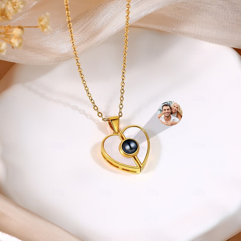 Personalized Shell Heart Projection Necklace with Custom Photo Engraved Keepsake Jewelry Heart Pendant – Fashionable Photo Necklace, Perfect Valentine’s Gift for Girlfriend2