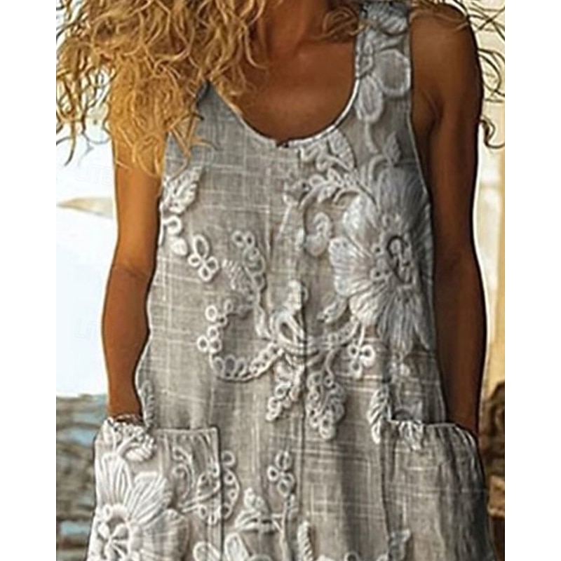 Women's Normal Jumpsuit Casual Floral Sleeveless Wide Leg Round Neck Pocket Buttons Street Daily Regular Fit Gray Summer2