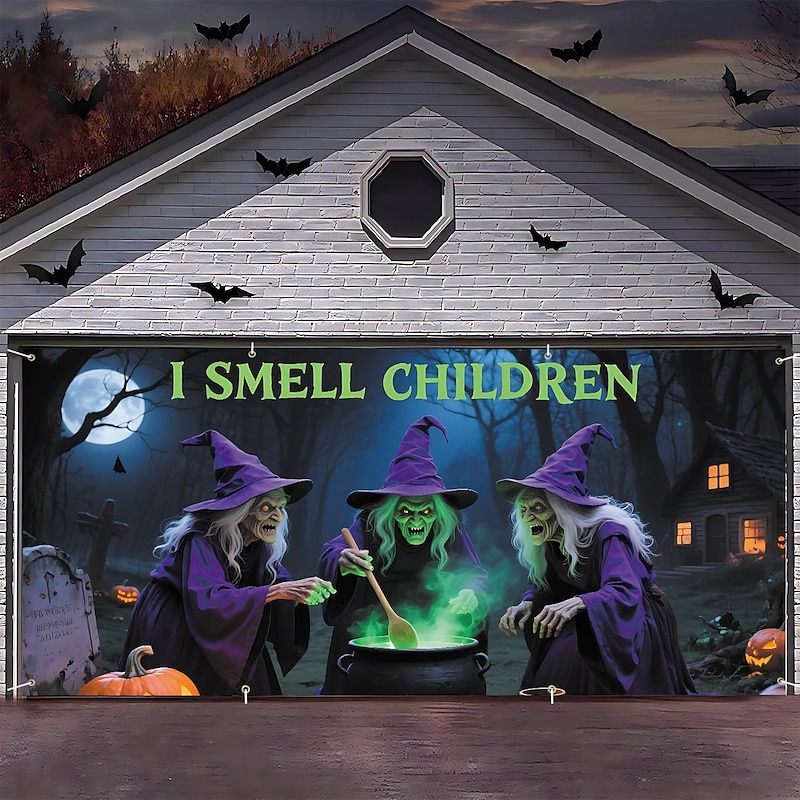 Halloween Garage Door Cover Large Hanging Backdrop Witch Dark Punk Gothic Style Party Outdoor Shooting Backgrounds Yard Haunted House Home Decor