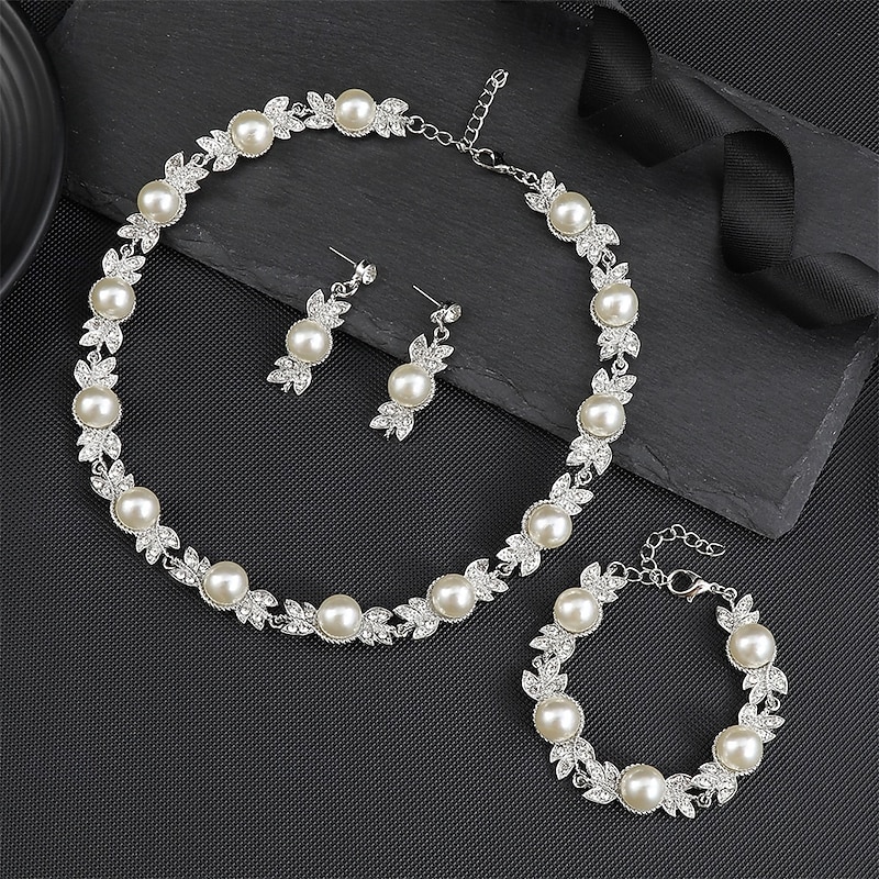 Jewelry Set Three-piece Suit White Pearl Chrome 1 Bracelet Earrings Necklace Women's Elegant Vintage Fashion Vintage Style Classic Jewelry Set For Wedding Party Wedding Guest4