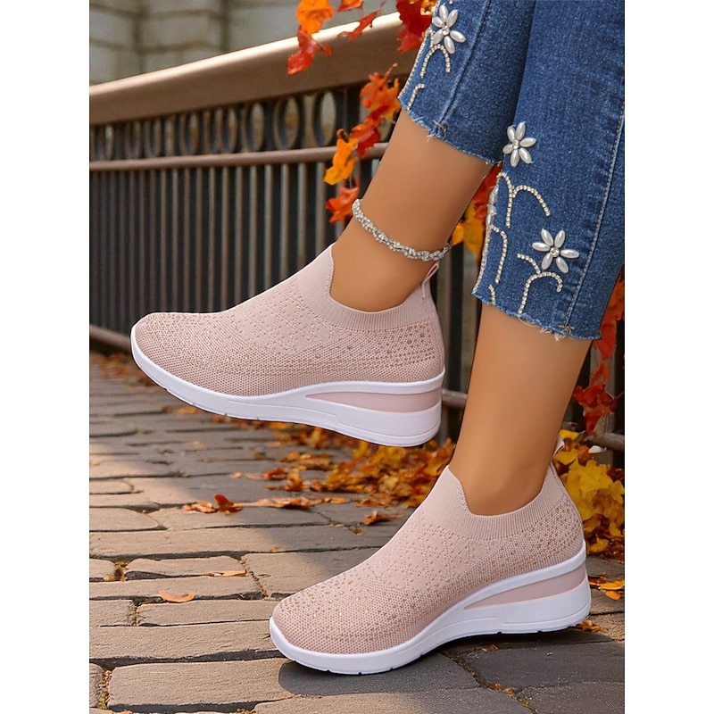 Women's Pink Rhinestone Flyknit Slip-On Sneakers – Breathable Lightweight Wedge Shoes for Walking, Fitness and Casual Everyday Wear4