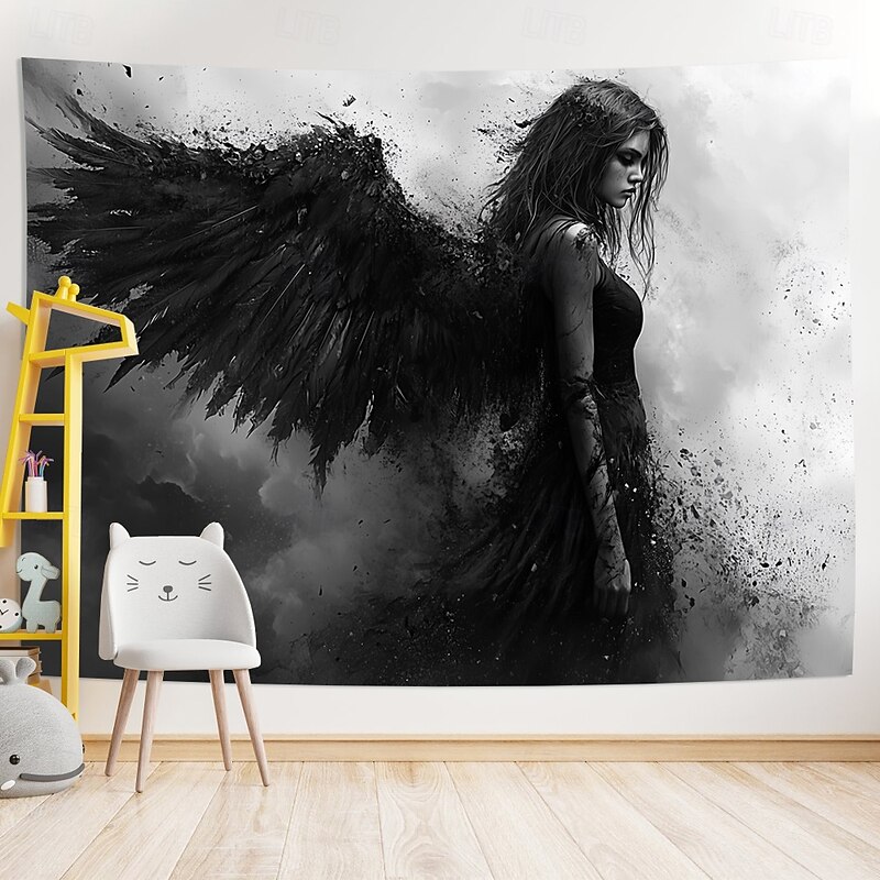 Dark and Light Angel Tapestry – Gothic Fantasy Wall Hanging with Black and White Wings, Forest and Fire Scene, Spiritual Wall Decor for Bedroom or Living Room3