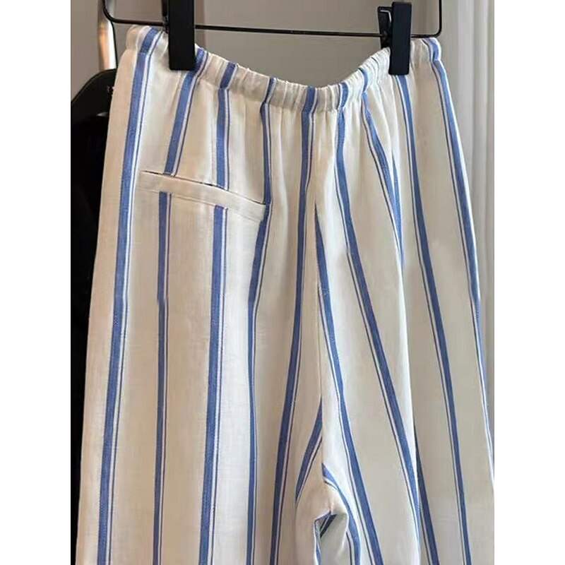 Women's Cotton Linen Pants Culottes Wide Leg Vacation Vintage Ethnic Style Full Length Mid Waist Striped Drawstring Pocket Elastic Waist Comfy Breathability Soft Inelastic Vacation Home Street Blue3