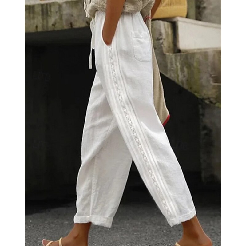 Women's Cotton Linen Pants Slacks Streetwear Casual Full Length Natural Plain Pocket Elastic Drawstring Design Comfortable Street Holiday Daily Wear Light Sky Blue Grey Black White Fall Regular Fit
