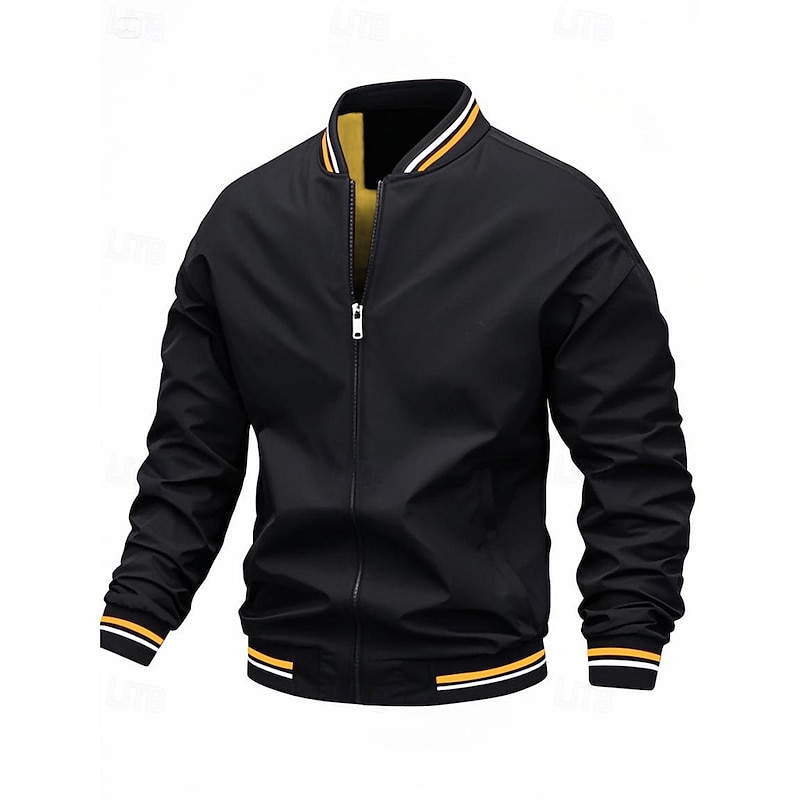 Men's Lightweight Jacket Casual Jacket Vacation Daily Breathable Patchwork Pocket Spring Fall Stripe Fashion Classic Stand Collar Regular Black White Wine Navy Blue Khaki Jacket4