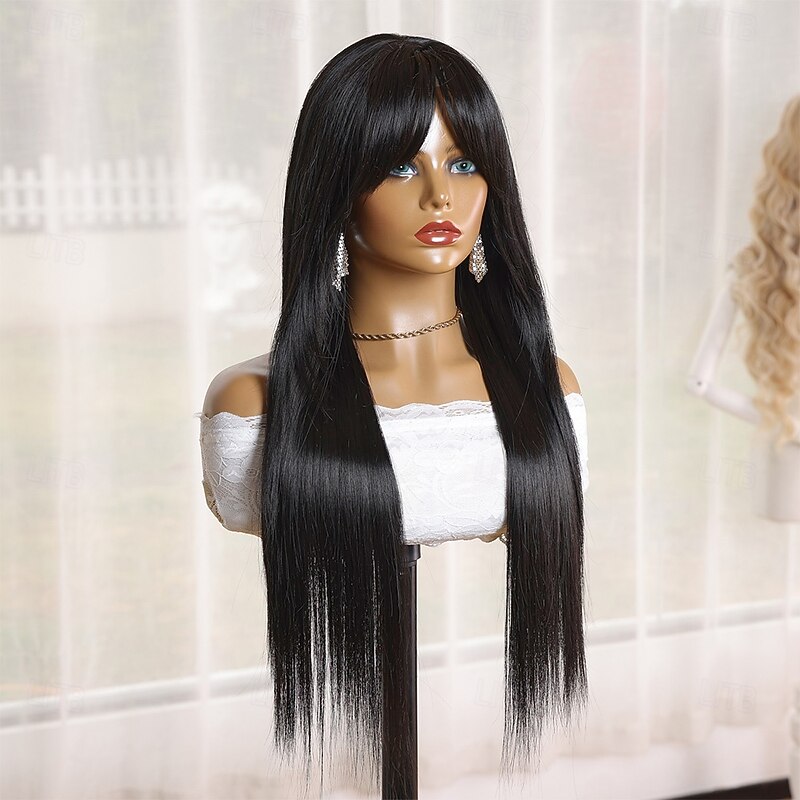 Synthetic Wig Yaki Straight Natural Straight Neat Bang Machine Made Wig 26 inch Black Synthetic Hair 26 inch Women's Soft Comfortable Black3