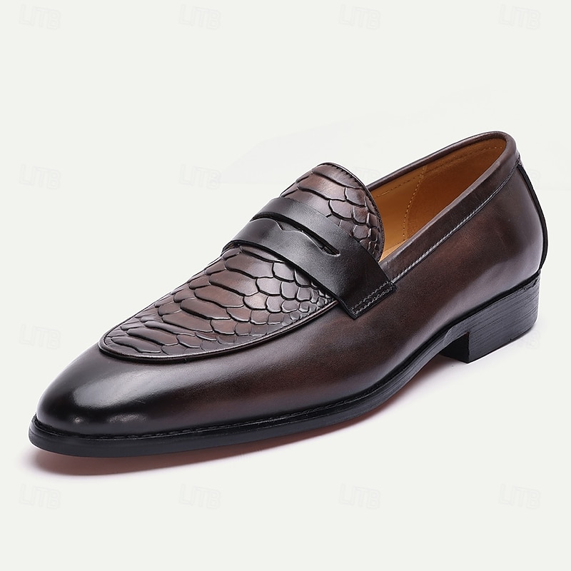 Men's Black Leather Loafers – Handmade Slip-On Dress Shoes with Crocodile Embossed Design for Business, Party and Wedding2