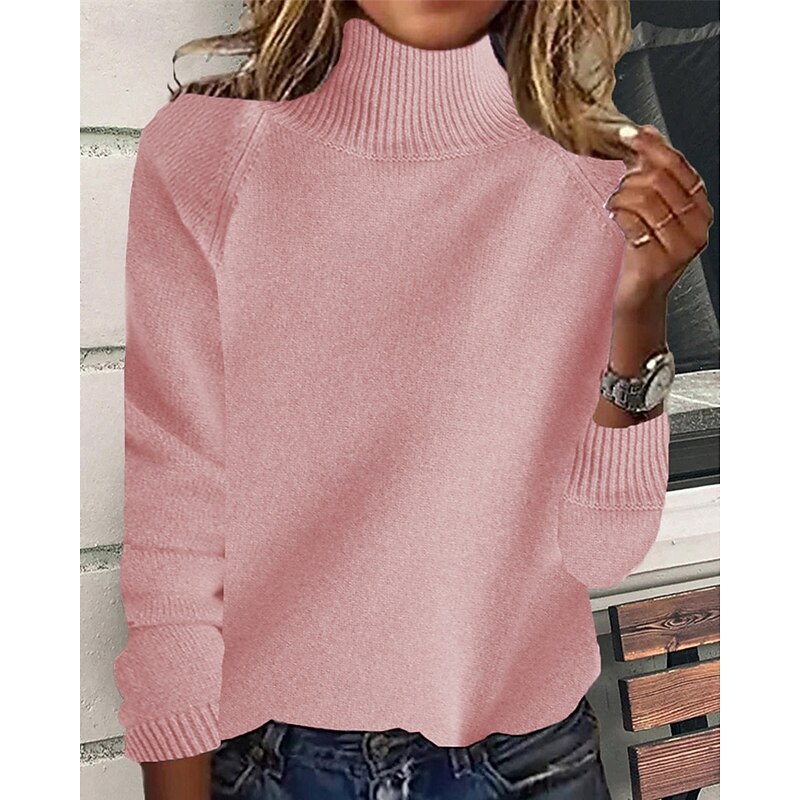 Women's Sweater Pullover Daily Stylish Casual Solid Color Ribbed Turtleneck Knitted Long Sleeve Regular Tops Knit Daily Holiday Going out Black White Fall Winter4