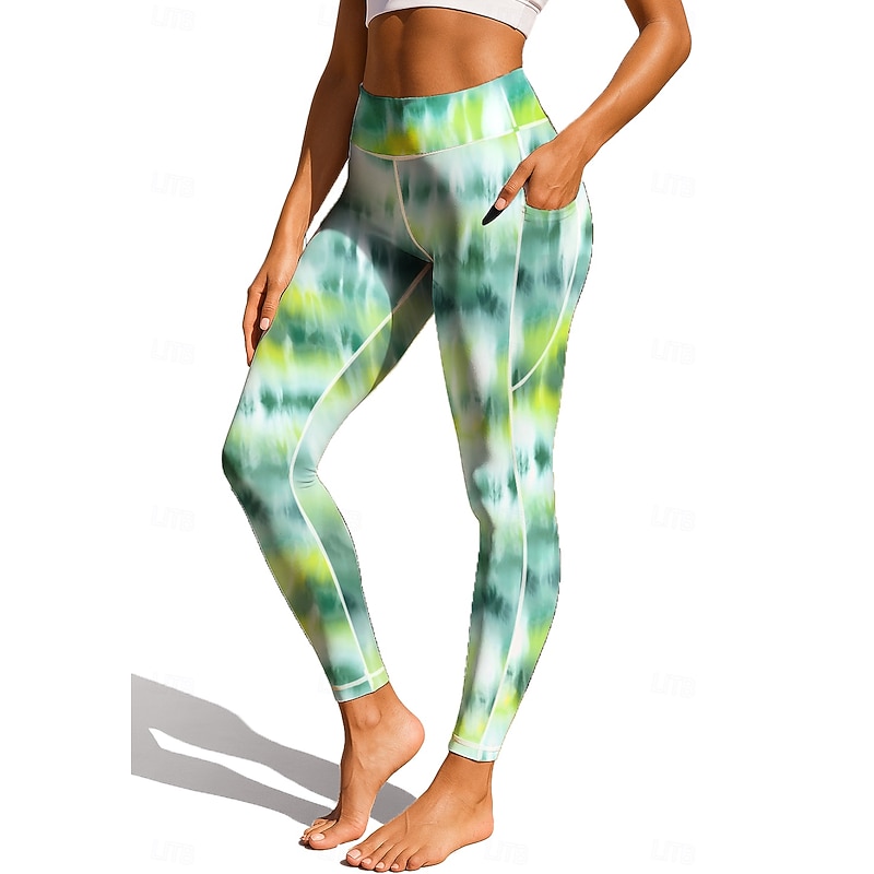 Women's Unisex pilates leggings fitness pants Gym Leggings Pockets Stamp Duty Side Pockets Pilates Gym Gym Workout Pants Tights Leggings Graphic Tie Dye Color Gradient Green Sports Activewear Stretchy3