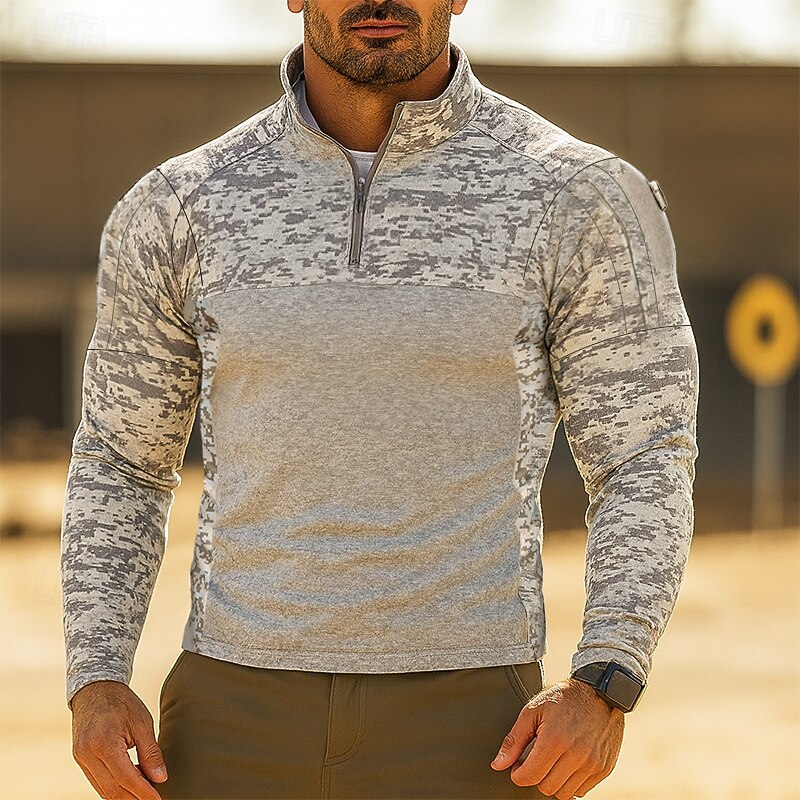 Men's Sweatshirt Quarter Zip Sweatshirt Tactical Hoodie Camo Hoodie Black Army Green Light Grey Hooded Plain Camouflage Patchwork Zipper Sports & Outdoor Casual Daily Streetwear Cool Sportswear2