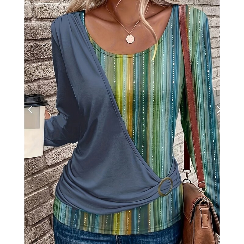 Women's T Shirt Floral Casual Long Sleeve Crew Neck Regular Tops Daily Weekend Patchwork Print Blue Brown Green Fall