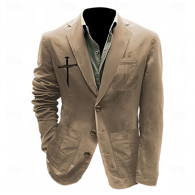 Men's Print Cross Blazer Cotton Suit Jacket Suits Coat Casual Outdoor Dailywear Multiple Pockets Three Button Stripe Lined Suit Jacket Fall Winter Notch lapel collar Long Sleeve Black khaki Army Green3