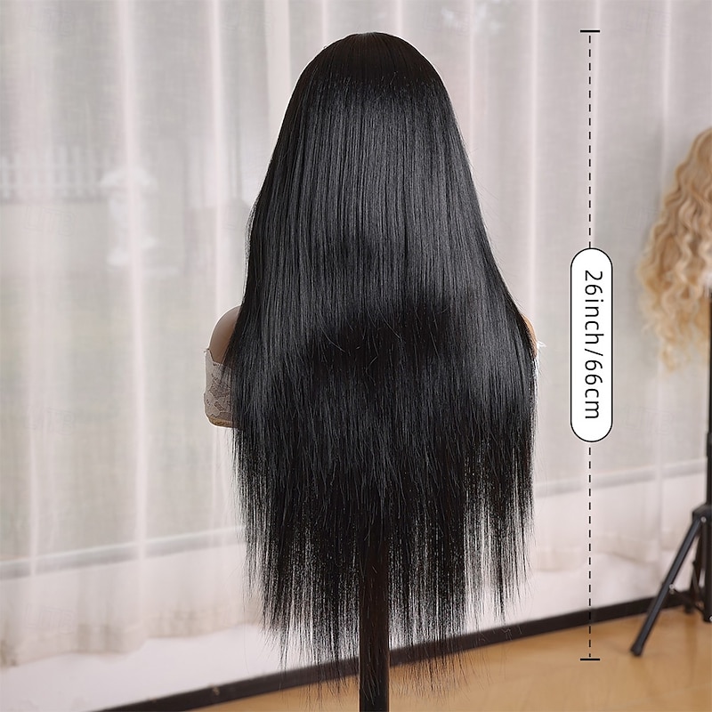 Synthetic Wig Yaki Straight Natural Straight Neat Bang Machine Made Wig 26 inch Black Synthetic Hair 26 inch Women's Soft Comfortable Black4