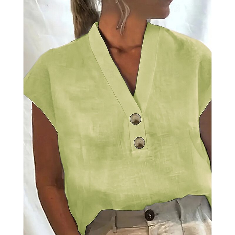 Women's T Shirt Plain Casual Short Sleeve V Neck Regular Tops Daily Weekend Buttons White Pink Green Light Blue Summer3