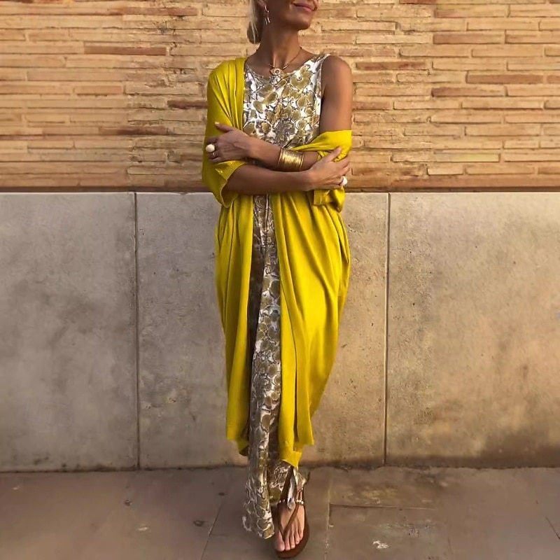 Women's Long Dress Maxi Dress Dress Set Classic Outdoor Vacation Holiday Regular Fit Floral 3/4 Length Sleeve Crew Neck Gold Fall