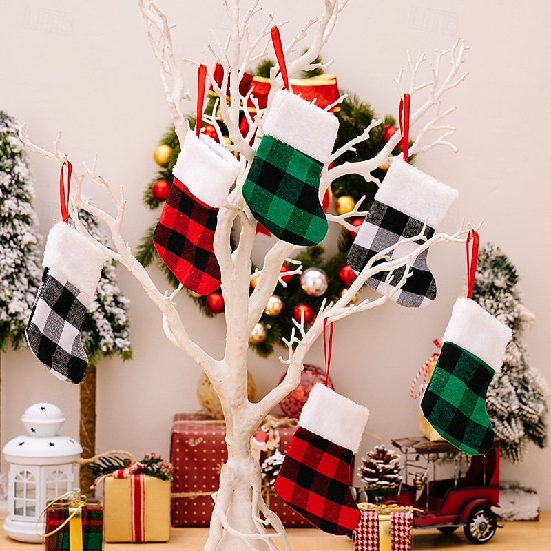 2Pcs Mini Christmas Stockings, Plaid Silverware Holders, Creative Small Xmas Gift Bags, Holiday Tree Hanging Ornaments2
